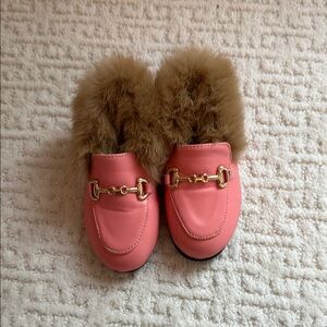 Pink Fur-Lined Loafers with Gold Accents